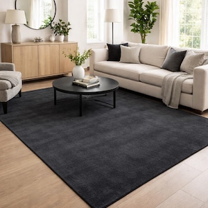 May include: A large, dark gray rectangular area rug in a living room setting. The rug is placed on a light wood floor, with a cream-colored sofa, black coffee table, and wooden cabinet in the background.