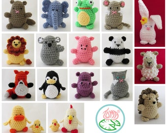May include: A collection of 15 crocheted animal plushies, including a lion, a penguin, a hippopotamus, a cat, a hedgehog, a rabbit, a sheep, a frog, a mouse, a panda, a pig, a koala, a fox, a duck, and a chicken. The plushies are all different colors and have different facial expressions.
