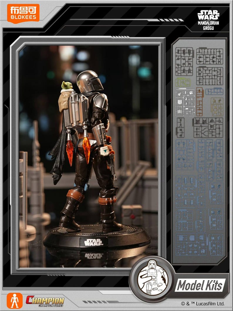 K&ouml;nnte beinhalten: Ein detaillierter Modellbausatz des Mandalorian Grogu aus Star Wars. Die Figur tr&auml;gt silberne R&uuml;stung und einen Jetpack. Grogu sitzt auf dem Jetpack. Der Bausatz enth&auml;lt verschiedene Teile zur Montage und bietet eine detaillierte Darstellung.