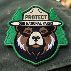May include: An embroidered patch featuring a bear wearing a ranger hat with the text PROTECT OUR NATIONAL PARKS. The design is framed by green pine tree silhouettes, with the bear rendered in shades of brown, black, and cream embroidery thread.