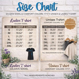 Może przedstawiać: Tabela rozmiar&oacute;w dla koszulek unisex i damskich Gildan 5000L i Comfort Colors 1717. Tabela zawiera wymiary klatki piersiowej i długości w calach dla rozmiar&oacute;w od S do 3XL dla kobiet i od S do 4XL dla koszulek unisex. Tekst "Size Chart" znajduje się na g&oacute;rze.