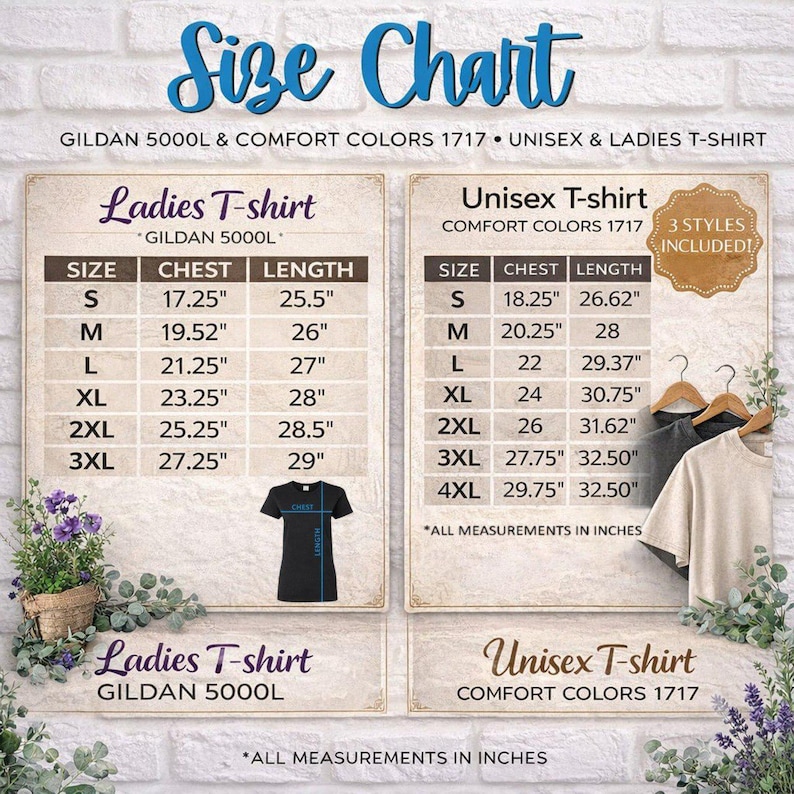 Może przedstawiać: Tabela rozmiar&oacute;w dla koszulek unisex i damskich Gildan 5000L i Comfort Colors 1717. Tabela zawiera wymiary klatki piersiowej i długości w calach dla rozmiar&oacute;w od S do 3XL dla kobiet i od S do 4XL dla koszulek unisex. Tekst "Size Chart" znajduje się na g&oacute;rze.
