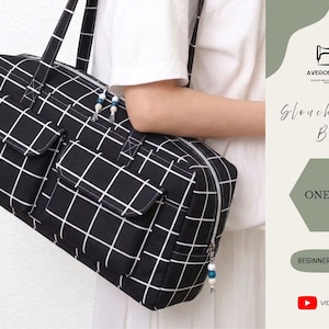 May include: Black and white checkered Slouchy Hobo Bag with two front pockets and a zipper closure. The bag has a shoulder strap and two top handles. The text "Slouchy Hobo Bag" and "One Size" are visible. The bag is beginner friendly.