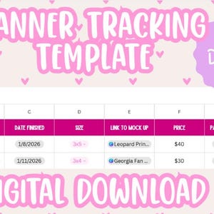 Puede incluir: Una plantilla de seguimiento de banner de descarga digital rosa con una tabla que muestra los nombres de los clientes, los temas de los banners, las fechas, los tamaños y los precios. El texto "BANNER TRACKING TEMPLATE" y "DIGITAL DOWNLOAD" es rosa. La imagen incluye el texto "Instant Download".