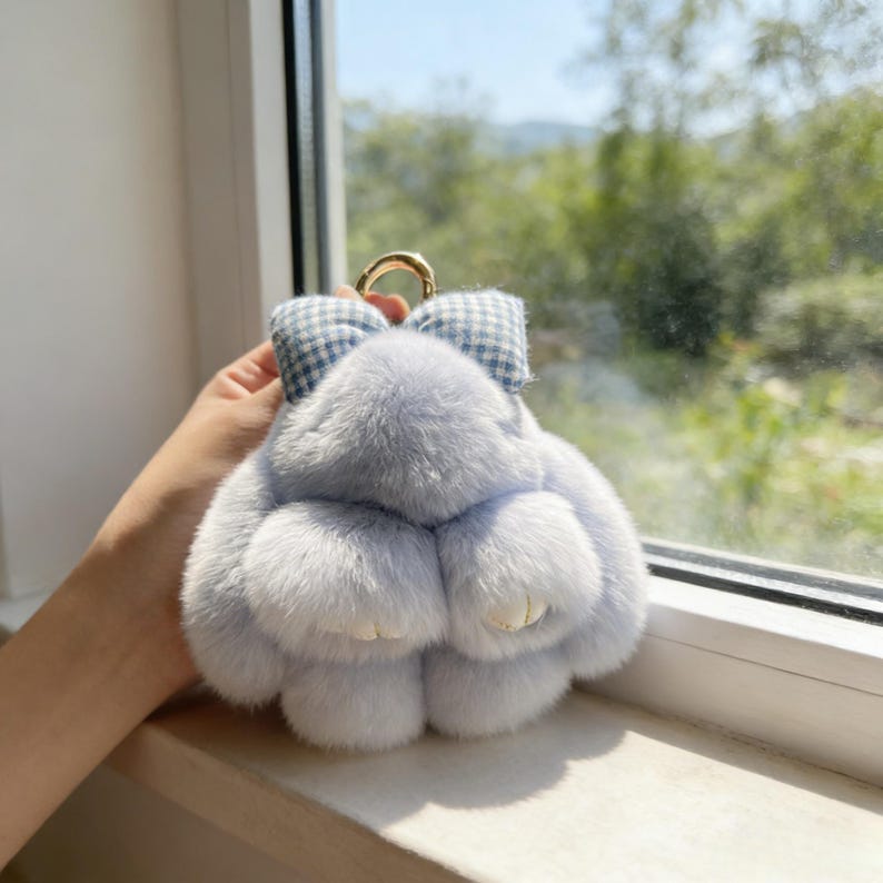Fluffy Bunny Keychain – Cute Fur Bag Charm Key Ring Pendant, Spring Summer Birthday Gift for Her, Easter Basket Stuffer Light blue