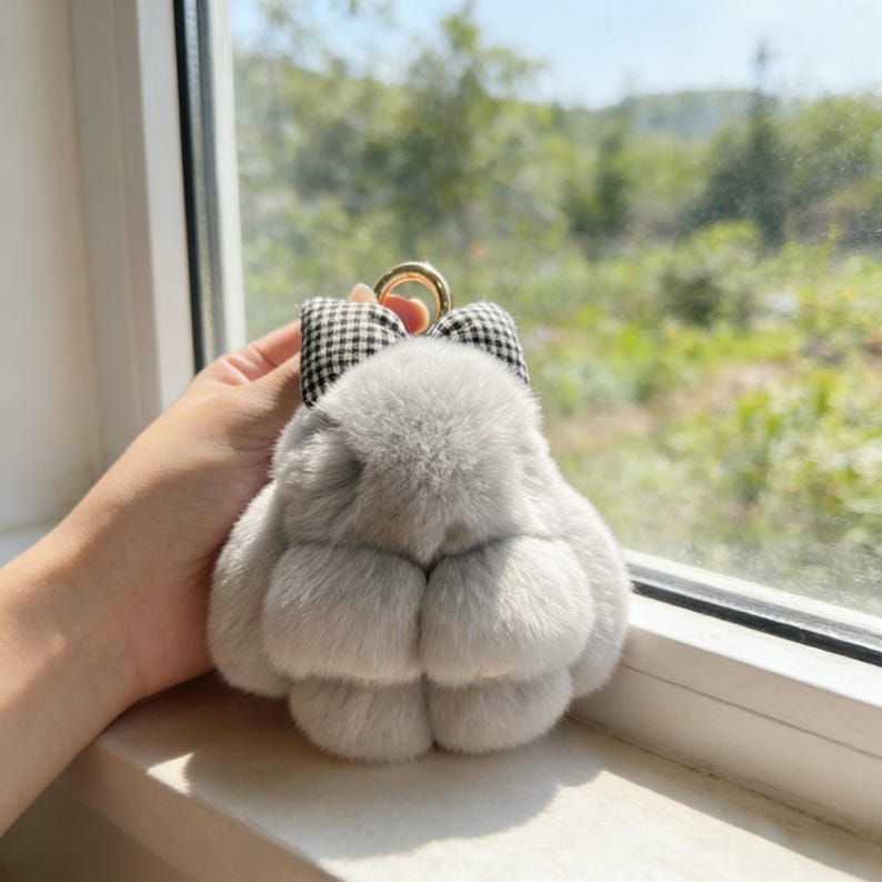 Fluffy Bunny Keychain – Cute Fur Bag Charm Key Ring Pendant, Spring Summer Birthday Gift for Her, Easter Basket Stuffer Light gray