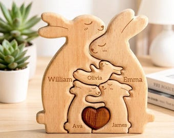 Personalized Wooden Rabbit Family Puzzle Set,Solid Wood Carved Bunny Ornament,Mother's Day Gift,Easter Gift