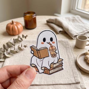Custom Reading Ghost Patch, Embroidered Bookish Boba Applique, Cute Iron-On Badge, Halloween Gift For Book Lovers And Readers