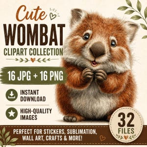 Wombat Clipart Collection, Australian Wildlife Art, 32 Files (Instant Download)