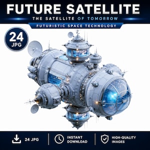 Futuristisk satellit, sci-fi-väggkonstsamling | Digitala JPG-utskrifter | 24 högupplösta bilder, utskrivbara
