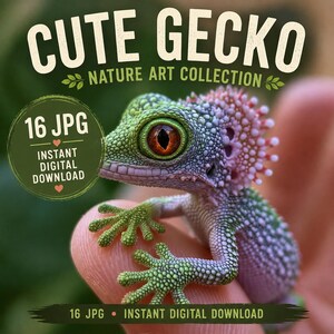 Pode incluir: Uma coleção de arte digital intitulada CUTE GECKO NATURE ART COLLECTION com 16 arquivos JPG para download digital instantâneo. A imagem mostra um pequeno lagarto texturizado com pele verde e roxa, um grande olho laranja e uma crista espinhosa.