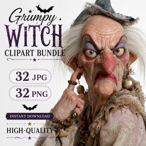 May include: A digital clipart bundle featuring a grumpy witch with pale skin, white hair, and a pointed hat. The text reads Grumpy WITCH CLIPART BUNDLE, 32 JPG, 32 PNG, INSTANT DOWNLOAD, and HIGH-QUALITY. The witch wears layered clothing and jewelry.