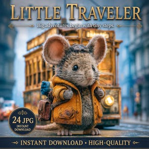 May include: A furry mouse wearing a mustard yellow hooded jacket and a backpack, standing in front of a vintage streetcar. The text reads LITTLE TRAVELER, Big adventures begin with tiny steps, 24 JPG INSTANT DOWNLOAD, INSTANT DOWNLOAD HIGH-QUALITY.