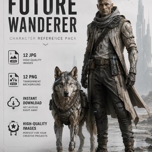 May include: A digital character reference pack titled FUTURE WANDERER featuring a bald person in a weathered brown trench coat and scarf standing next to a wolf with mechanical gear. The text includes 12 JPG high-quality images, 12 PNG transparent background, instant download, and high-quality images.