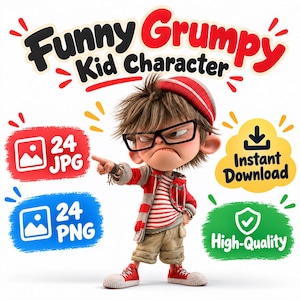 Könnte beinhalten: Eine 3D-Cartoon-Figur eines mürrischen Kindes mit rot-weiß gestreiftem Shirt, roter Jacke, khakifarbener Hose, roten Turnschuhen und roter Mütze, mit schwarzer Brille, das mit dem Finger zeigt. Text: Funny Grumpy Kid Character, 24 JPG, 24 PNG, Instant Download, High-Quality.
