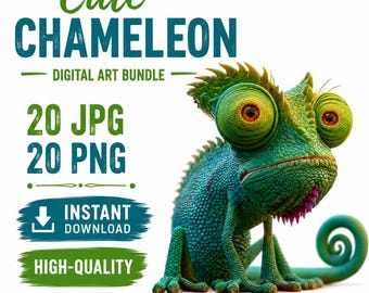 May include: A digital art bundle featuring a green chameleon with large eyes and a curled tail. Text reads: Cute Chameleon, Digital Art Bundle, 20 JPG, 20 PNG, Instant Download, High-Quality. The graphic includes icons for files and downloads.