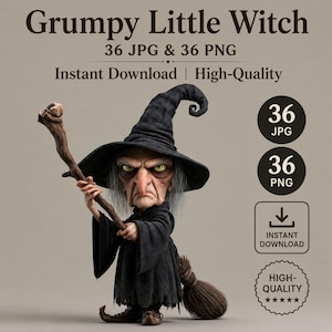 Könnte beinhalten: Ein digitales Grafikset mit dem Titel Grumpy Little Witch, das 36 JPG- und 36 PNG-Dateien enthält. Die Figur ist eine Hexe mit spitzem schwarzem Hut, grauem Haar und schwarzem Gewand, die einen Holzstab mit einem Besen am Rücken hält.