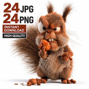 May include: A brown squirrel character with large eyes and prominent teeth holding a nut. Text in the upper left corner reads 24 JPG 24 PNG INSTANT DOWNLOAD HIGH-QUALITY. The squirrel has textured fur and a bushy tail, with nut fragments on the ground.