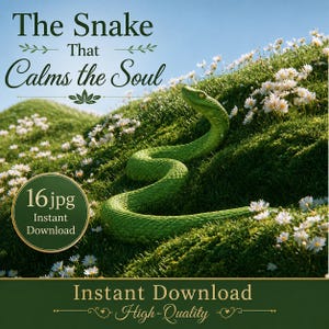 Peut inclure: Un serpent vert vif repose sur une colline herbeuse couverte de petites fleurs blanches. Le texte indique The Snake That Calms the Soul, 16 jpg Instant Download et Instant Download High-Quality. La scène est sous un ciel bleu clair.