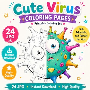 Może przedstawiać: Cyfrowy zestaw do kolorowania zatytułowany Cute Virus Coloring Pages zawierający 24 pliki JPG. Centralna grafika przedstawia sferycznego wirusa podzielonego na czarno-białą stronę z konturami oraz kolorową, cieniowaną stronę z wypustkami.