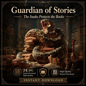 Könnte beinhalten: Eine digitale Grafik mit dem Titel Guardian of Stories: The Snake Protects the Books, die eine große, gewundene Schlange mit offenem Maul auf einem Stapel alter Bücher in einer Bibliothek zeigt, mit Text zu 24 JPG-Dateien und Sofort-Download.