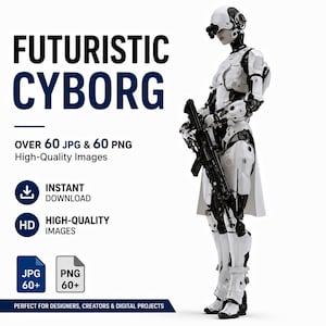 May include: A digital illustration of a futuristic cyborg standing and holding a rifle. The text reads FUTURISTIC CYBORG, OVER 60 JPG & 60 PNG, High-Quality Images, INSTANT DOWNLOAD, HIGH-QUALITY IMAGES, JPG 60+, PNG 60+, PERFECT FOR DESIGNERS, CREATORS & DIGITAL PROJECTS.