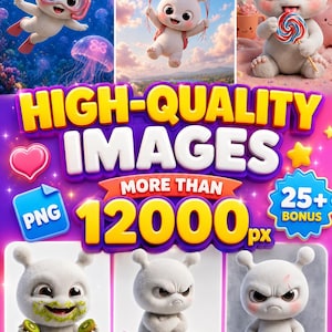Op de afbeelding: Een levendige afbeelding met schattige cartoonfiguren in verschillende poses, waaronder een met rode ballonnen en een andere met een lolly. De afbeelding bevat de tekst "HIGH-QUALITY IMAGES" en "MORE THAN 12000 px", evenals "PNG" en andere labels.