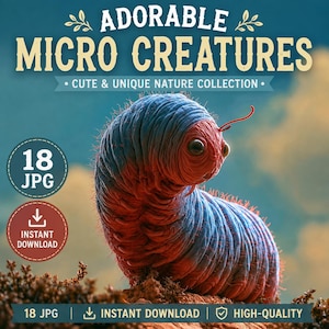 Pode incluir: Um gráfico digital apresentando uma criatura texturizada e segmentada com cabeça vermelha e corpo azul sobre um fundo desfocado. O texto diz: ADORABLE MICRO CREATURES, CUTE & UNIQUE NATURE COLLECTION, 18 JPG, INSTANT DOWNLOAD, HIGH-QUALITY.
