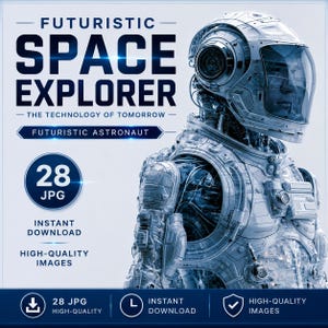Könnte beinhalten: Eine digitale Grafik mit einem weiß-blauen Astronautenanzug mit komplexen mechanischen Details und einem klaren Helmvisier. Der Text lautet: FUTURISTIC SPACE EXPLORER, THE TECHNOLOGY OF TOMORROW, FUTURISTIC ASTRONAUT, 28 JPG, INSTANT DOWNLOAD, HIGH-QUALITY IMAGES.