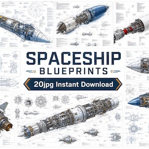 May include: A collection of technical spaceship blueprints featuring detailed mechanical schematics, cross-sections, and structural diagrams of various spacecraft components. The text reads SPACESHIP BLUEPRINTS and 20jpg Instant Download.