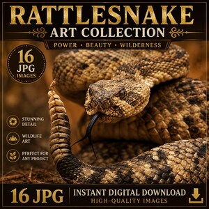 Op de afbeelding: Een digitale collectie van 16 JPG-afbeeldingen met een ratelslang met bruine en beige schubben, een opgeheven ratel en een zwarte gevorkte tong. De tekst luidt RATTLESNAKE ART COLLECTION, POWER BEAUTY WILDERNESS en INSTANT DIGITAL DOWNLOAD.