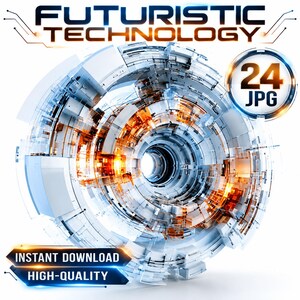May include: A digital graphic featuring a circular, mechanical structure with white, blue, and orange light accents. The text reads FUTURISTIC TECHNOLOGY, 24 JPG, INSTANT DOWNLOAD, and HIGH-QUALITY. The design has a complex, layered, and technical appearance.