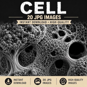 Pode incluir: Uma coleção digital intitulada CELL 20 JPG IMAGES apresentando uma visão microscópica em preto e branco de alto contraste de estruturas celulares porosas com aglomerados esféricos e filamentos intrincados, com ícones de download.