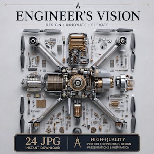 Puede incluir: Una composición plana de componentes de dron desmontados, incluyendo cuatro hélices grises, brazos metálicos y piezas mecánicas internas. El texto dice ENGINEER'S VISION DESIGN INNOVATE ELEVATE y 24 JPG HIGH-QUALITY INSTANT DOWNLOAD.