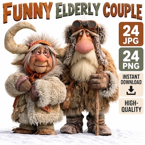 Może przedstawiać: Cyfrowa ilustracja dwóch starszych postaci przypominających trolle w zimowych strojach. Tekst głosi FUNNY ELDERLY COUPLE, 24 JPG, 24 PNG, INSTANT DOWNLOAD oraz HIGH-QUALITY. Postacie mają na sobie futrzane płaszcze, czapki i buty, jedna trzyma kij.
