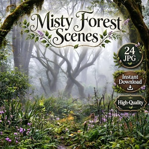 Może przedstawiać: Cyfrowa kolekcja 24 plików JPG zatytułowana Misty Forest Scenes, przedstawiająca gęsty las z wysokimi drzewami, gęstą mgłą, zielonymi paprociami i fioletowymi kwiatami. Trzy odznaki zawierają tekst 24 JPG, Instant Download oraz High-Quality.