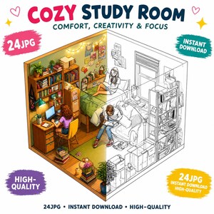 May include: A digital illustration of a cozy study room split between a colored side and a line art side. The text reads COZY STUDY ROOM, COMFORT, CREATIVITY & FOCUS, 24JPG, INSTANT DOWNLOAD, and HIGH-QUALITY. It features bookshelves, a desk, a bed, and people studying.
