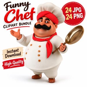 Peut inclure: Un personnage de chef cuisinier en 3D portant un uniforme blanc, un foulard rouge et un turban rouge, tenant une poêle dorée. L'image contient le texte Funny Chef Clipart Bundle, 24 JPG 24 PNG, Instant Download et High-Quality.