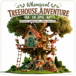 Puede incluir: Una ilustración digital de una casa del árbol con techo rojo y puerta verde azulado, con tres niños alrededor de la base del árbol. El texto dice Whimsical TREEHOUSE ADVENTURE 16 JPG INSTANT DOWNLOAD HIGH-QUALITY.