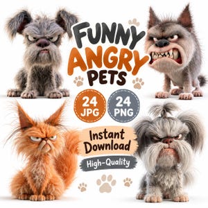 Könnte beinhalten: Eine digitale Sammlung von vier Cartoon-Tierillustrationen mit drei grauen, zotteligen, wütend aussehenden Hunden und einer orangefarbenen, flauschigen, mürrischen Katze. Der Text lautet FUNNY ANGRY PETS, 24 JPG, 24 PNG, Instant Download, High-Quality.