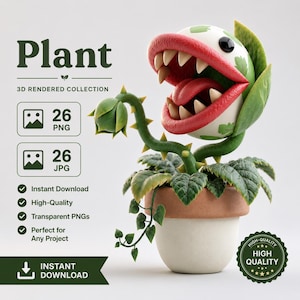 Puede incluir: Una colección renderizada en 3D de una planta carnívora en una maceta de dos tonos. La planta presenta una boca grande y abierta con labios rojos, dientes afilados y una lengua, junto a un pequeño brote. El texto incluye Plant, 3D RENDERED COLLECTION, 26 PNG, 26 JPG, Instant Download, High-Quality, Transparent PNGs, Perfect for Any Project y HIGH-QUALITY.