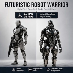 May include: Digital art set titled FUTURISTIC ROBOT WARRIOR featuring two detailed robot figures. One robot is primarily white with black accents, and the other is dark metallic grey. Text includes High-Tech Robots, 26 JPG, 26 PNG, and Instant Download.