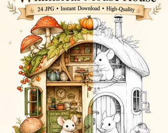 Op de afbeelding: Een digitale illustratie getiteld Whimsical Mouse House met een gespleten ontwerp met een gekleurde kant en een zwart-wit lijntekeningkant. De afbeelding toont een muizenhuis met meerdere verdiepingen met paddenstoelen, pompoenen en twee muizen.