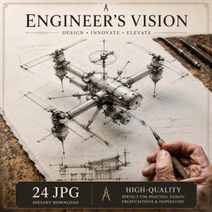 Könnte beinhalten: Eine technische Skizze auf strukturiertem Papier mit dem Titel ENGINEER'S VISION, die eine detaillierte Graphitzeichnung einer Multi-Rotor-Drohne mit mechanischen Komponenten zeigt. Das Bild enthält den Text DESIGN INNOVATE ELEVATE und 24 JPG INSTANT DOWNLOAD.