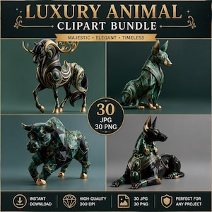 Puede incluir: Un paquete de imágenes prediseñadas digitales titulado LUXURY ANIMAL CLIPART BUNDLE que presenta cuatro figuras de animales: un ciervo, un chacal, un toro y un canino sentado. Las imágenes muestran texturas de mármol verde con detalles dorados. Texto: 30 JPG 30 PNG.