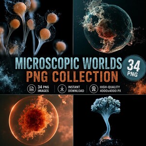 Pode incluir: Uma coleção digital de 34 imagens PNG de alta qualidade intitulada Microscopic Worlds, apresentando estruturas biológicas abstratas, formas esféricas laranja e padrões celulares translúcidos em fundos escuros com 4000x4000 px.