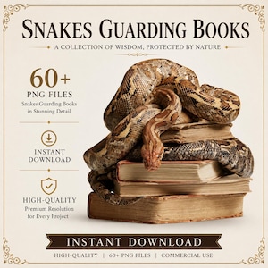 May include: A digital graphic featuring a stack of three weathered, vintage books coiled by a large, patterned brown and tan snake. The text reads Snakes Guarding Books, 60+ PNG Files, Instant Download, and High-Quality Premium Resolution.