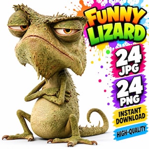 Puede incluir: Un lagarto verde texturizado con ojos grandes y expresión gruñona, brazos cruzados. El texto dice: FUNNY LIZARD, 24 JPG, 24 PNG, INSTANT DOWNLOAD, HIGH-QUALITY. El lagarto tiene una superficie escamosa y una cola enroscada sobre manchas de pintura.