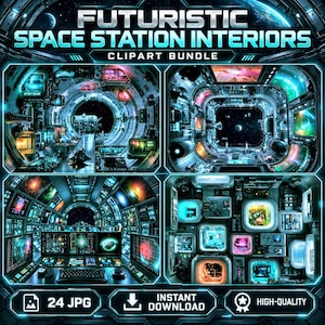 Op de afbeelding: Een digitaal clipart-pakket getiteld FUTURISTIC SPACE STATION INTERIORS met vier verschillende sci-fi kamerontwerpen met gloeiende blauwe neonverlichting, complexe bedieningspanelen en uitzichten op de ruimte, bestaande uit 24 JPG-bestanden.