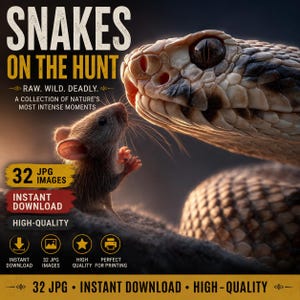 May include: A digital collection of 32 high-quality JPG images titled SNAKES ON THE HUNT, featuring a detailed close-up of a snake facing a small mouse. The text includes RAW. WILD. DEADLY. A COLLECTION OF NATURE'S MOST INTENSE MOMENTS and INSTANT DOWNLOAD.